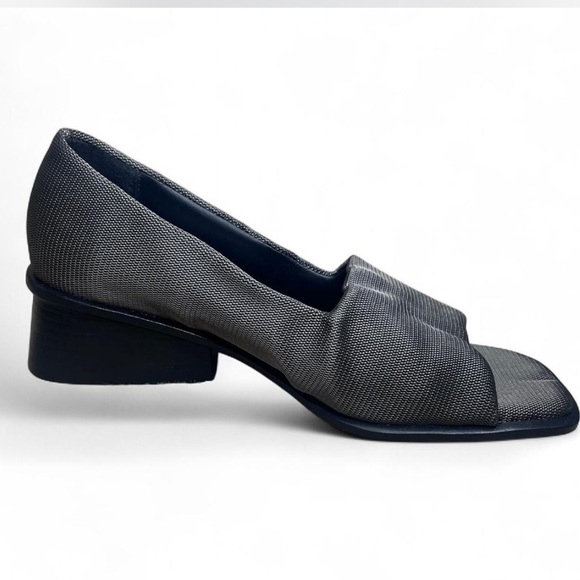 Judith Heeled Square Toe Sandals by Badgley Mischka Judith Metallic Gray Open Square Toe Slip-On Heels | Size 7.5 Chunky Heel